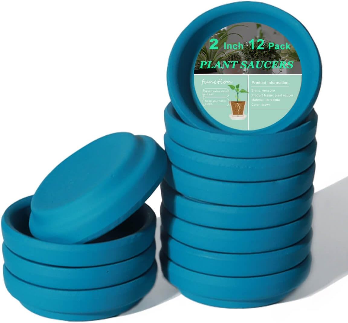 vensovo 2 Inch Steel Blue Terracotta Plant Saucer Pots Tray - 12 pcs Mini Planter Saucers for Indoor & Outdoor Plants, Small Clay Trays Perfect for 1 Inch 1.5Inch Flower Pot