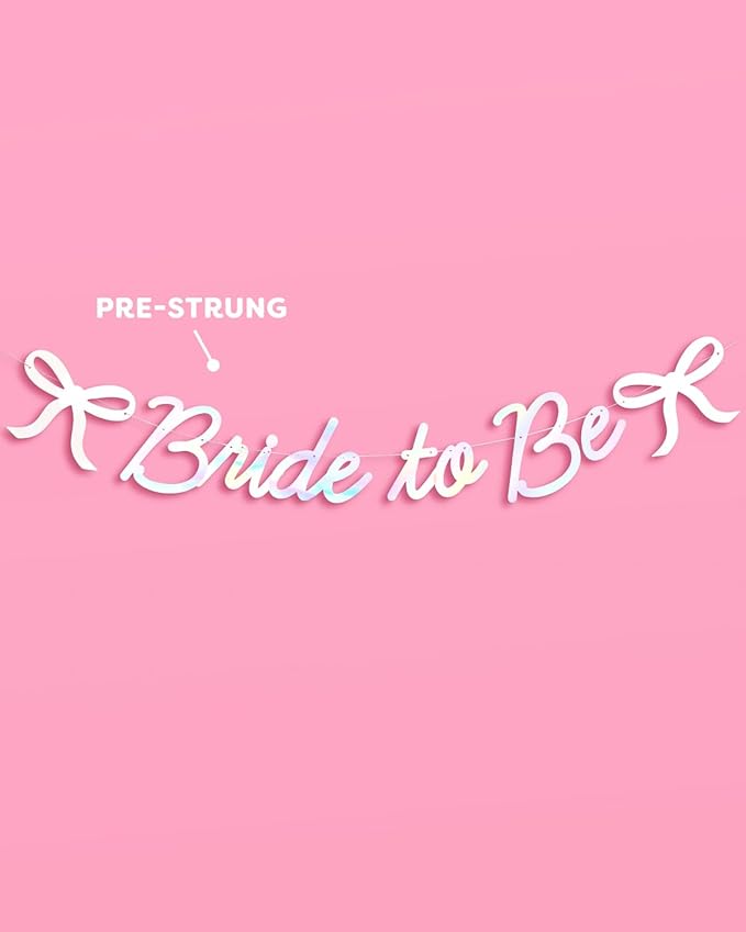 xo, Fetti Bride to Be Bow Banner Iridescent Foil + Pink Glitter , 5 Ft. | Bachelorette Party Decoration, Tying the Knot Bride Bach Decor, Bridesmaid Favor, Engagement Gift, Bridal Shower Supplies, Photobooth Backdrop