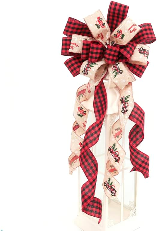 Christams Tree Topper Bow, 35 * 14inch Plaid Buffalo Bows Burlap Decorative Bows for Christmas Holiday Thanksgiving Indoor Outdoor Ornament Gift Bow