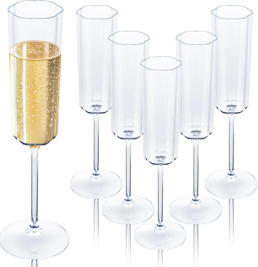 Ciaell 24 Pack Plastic Champagne Flutes - 6 Oz Flower Wavy Champagne Plastic Glasses - Heavy Duty Vintage Disposable Flutes for Party & Anniversary & Wedding