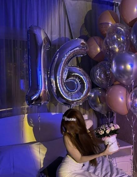 40 Inch Silver Mylar Foil Number 16 Birthday Balloon, Digital Balloons for 16 Boy Girl Party Decorations Supplies, Big Helium Balloon Numbers for 61 Men Women Anniversary
