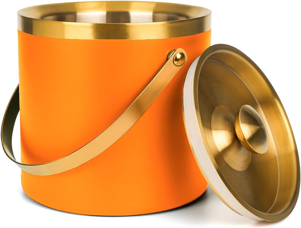 3L Double Wall Insulated Stainless Steel Ice Bucket with Strainer for Cocktail Bar,Metal Ice Bucket for freezer with Lid for parties.ice Container to Keep Ice Colder,bar cart accessories(Orange)