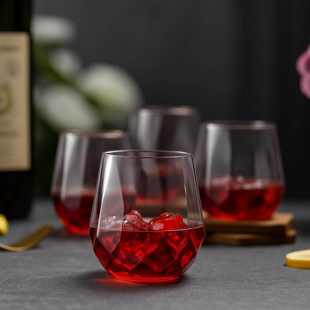 40 count Diamond Unbreakable Stemless Plastic Wine Champagne Whiskey Glasses Elegant Durable Disposable Indoor Outdoor Home office wedding bars 12 Ounce (Classic Old Fashioned Clear)