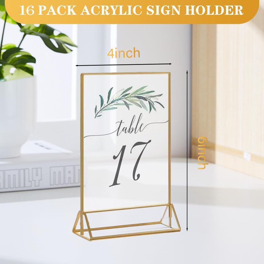 16 Pack Gold Acrylic Sign Holder, 4x6 Inch Picture Frames Wedding Double Sided Display Clear Sign Holders Stand Desktop Table Menu for Wedding Party Restaurant