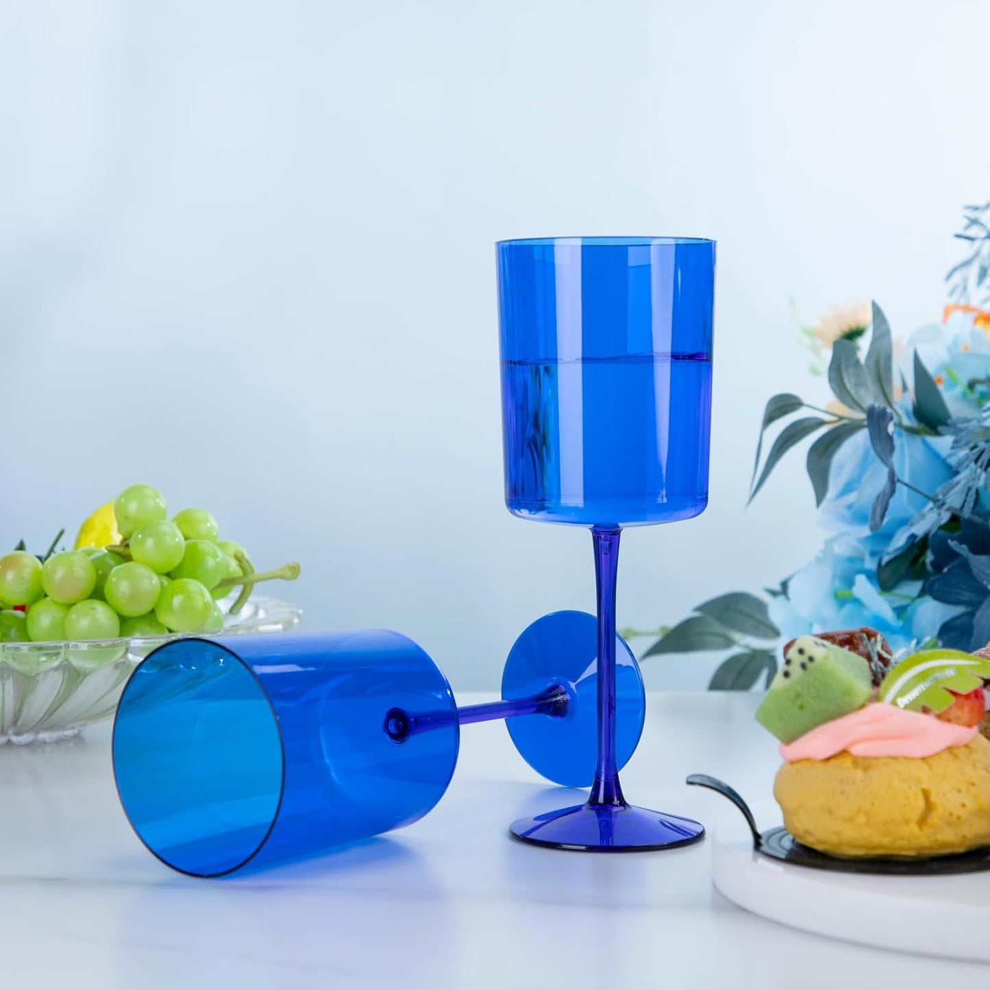 Ciaell 6 Pack Blue 10 Oz Plastic Wine Glasses with Stem - Disposable Wine Glasses for Parties & Weddings & Poolside & Outdoors & Camping