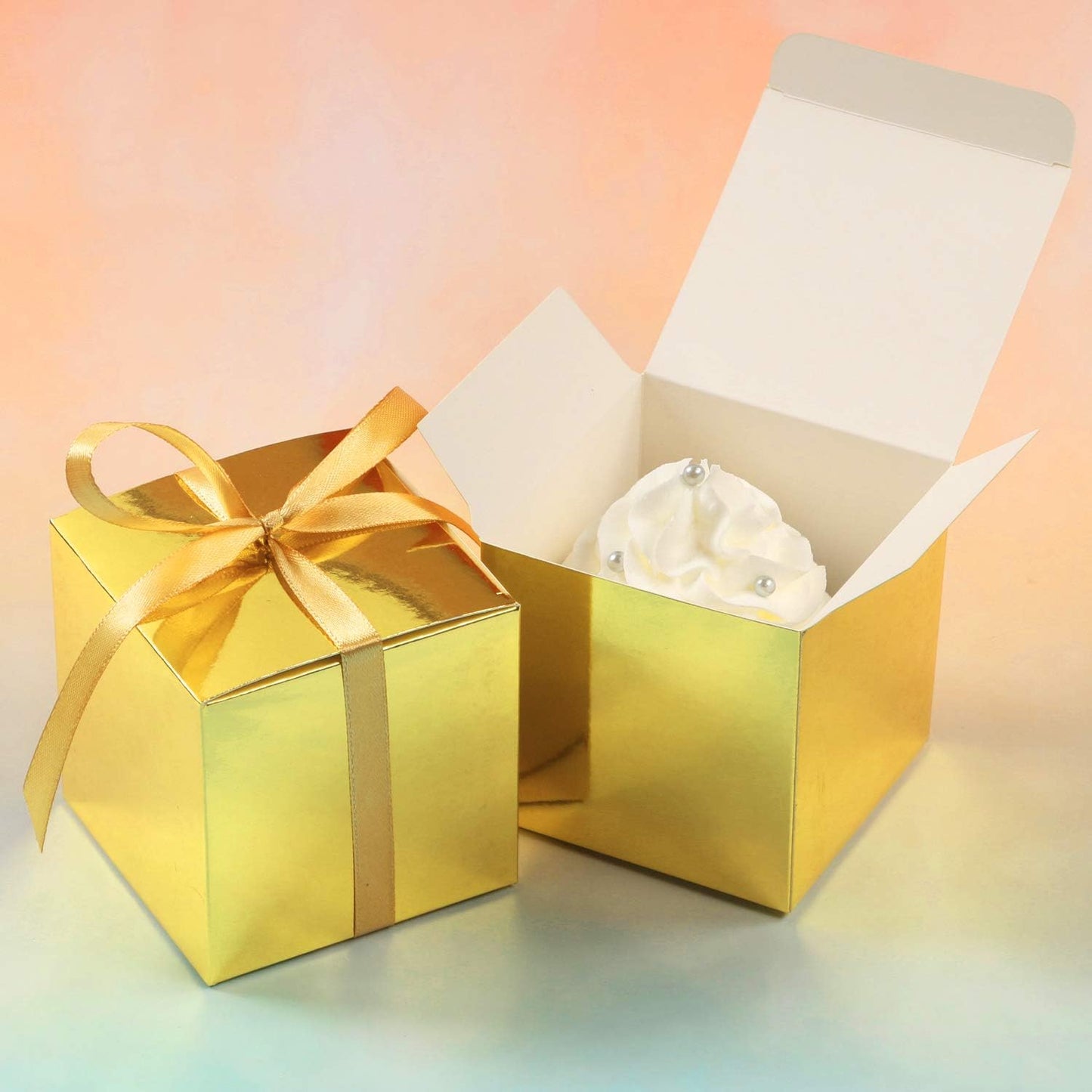 COTOPHER 100pcs Wedding Favor Boxes, Paper Gift Boxes 3x3x3 Inches Small Gift Boxes with Ribbons Small Boxes for Gifts, Crafting, Cupcake, Candy, Bridesmaid Proposal Boxes (Metallic Gold)