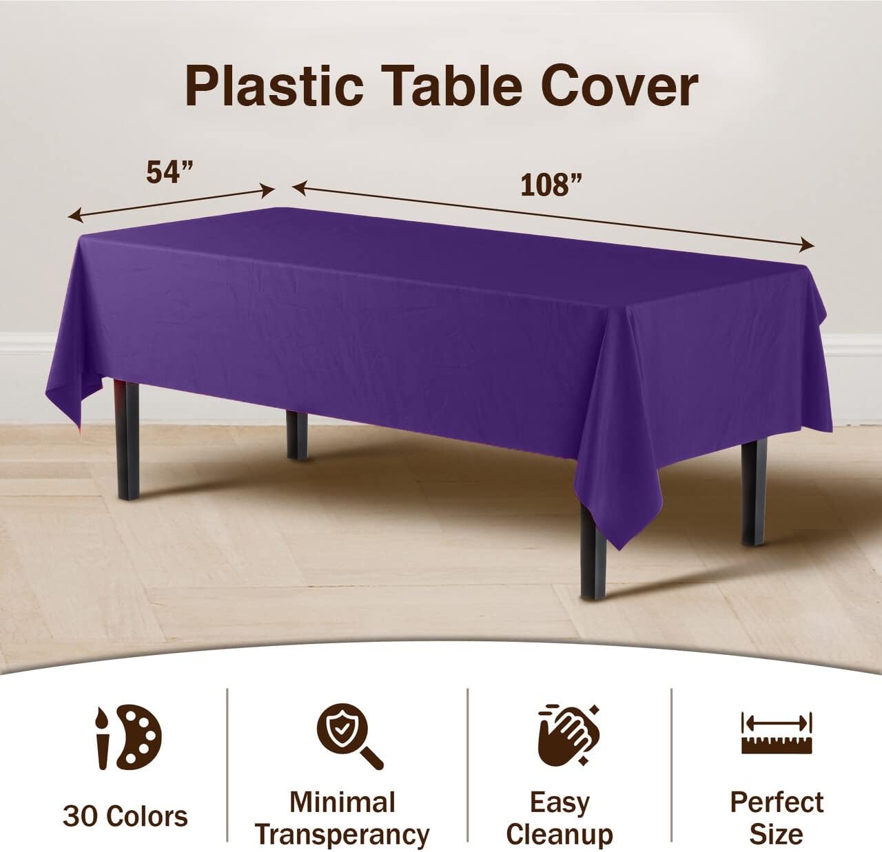 Party Solids Pack Of 12 Premium Plastic Tablecloth 54 Inch x 108 Inch Rectangle Table Cover - Purple