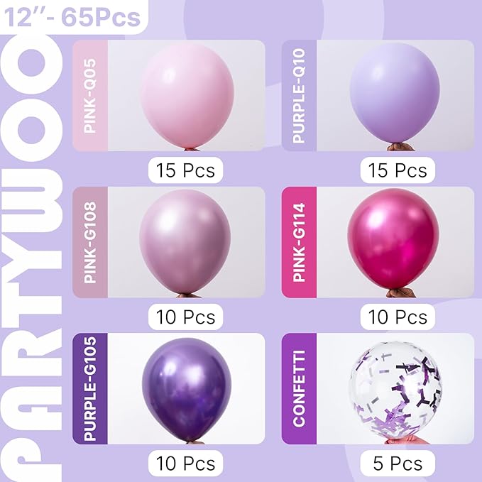 PartyWoo Pink and Purple Balloons 65pcs 12 Inch Baby Pastel Light Metallic Pink Light Purple Lavender Lilac Confetti Balloons for Baby Shower Princess Butterfly Birthday Party Decorations