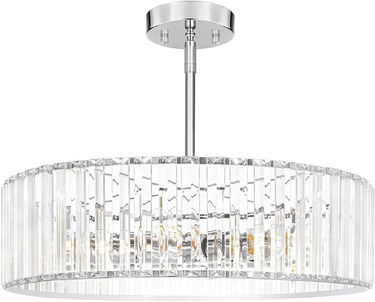 Modern Crystal Chandelier for Dining Room, 6 Light Chrome Semi Flush Mount Ceiling Light Fixtures, 19in Hallway Fixture, Round Kitchen Hanging Drum Pendant Lights Ceiling for Living Room Bedroom Foyer