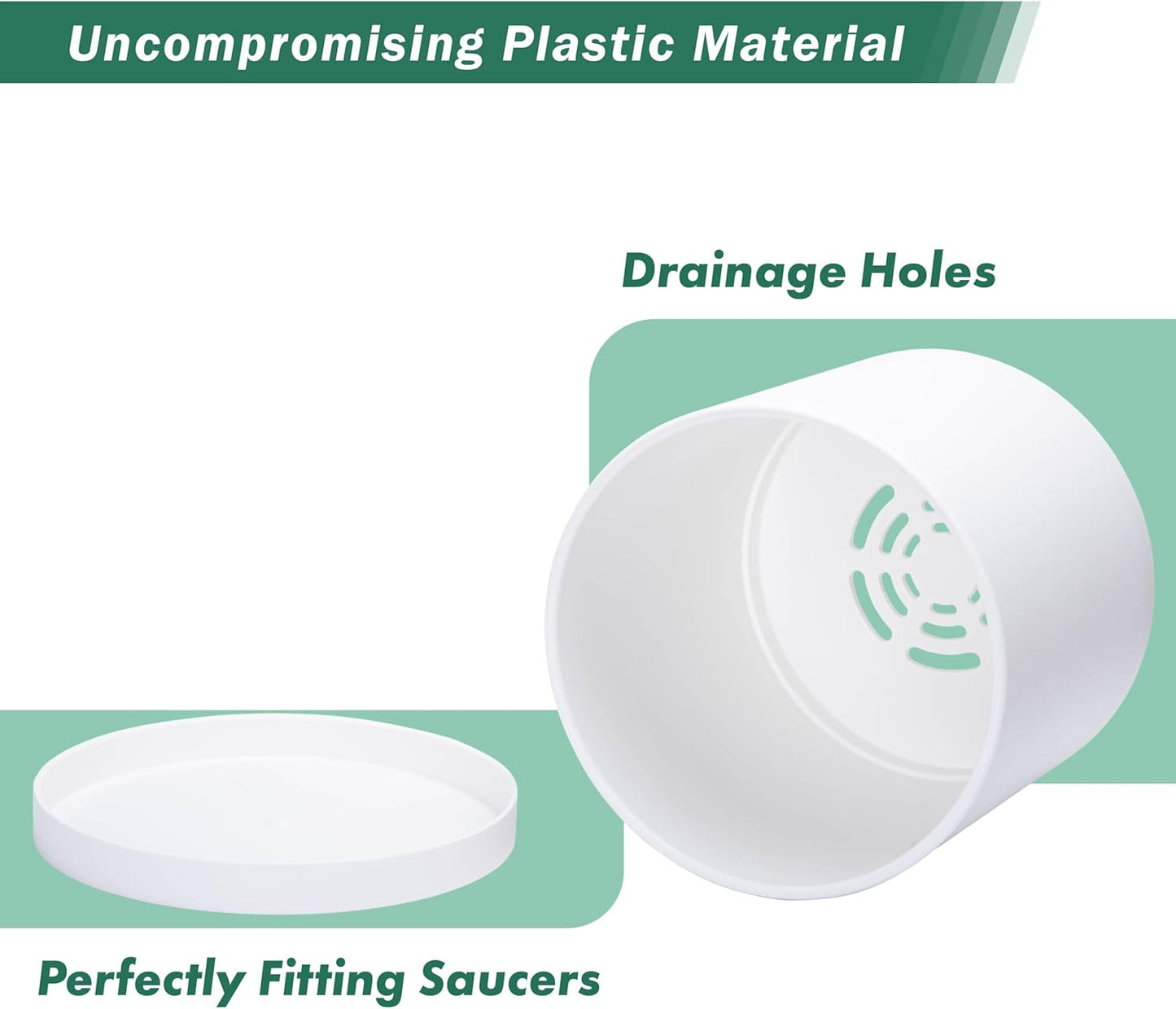 D'vine Dev 2 Pack 14 Inch Modern Plastic Plant Pots, Cylindrical Garden Planters for Plants with Drainage Holes and Saucers, White, 74-Z-Q-1