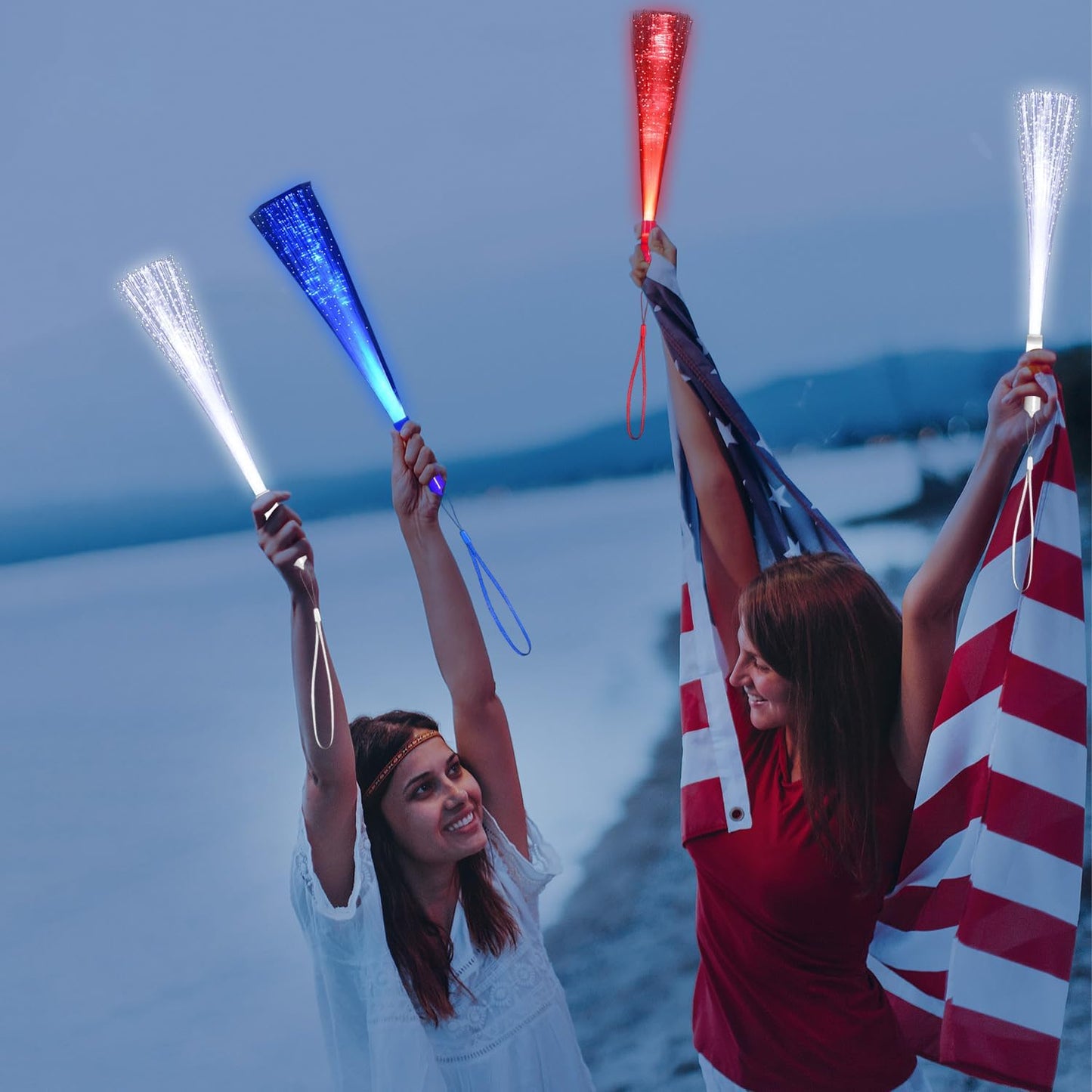 48 PCS Red Blue White Glow Fiber Wands Sticks LED Light Wands 3 Modes Flashing Fiber Optic Light Rod Bulk Fiber Optic Wands for July 4th Party Supplies