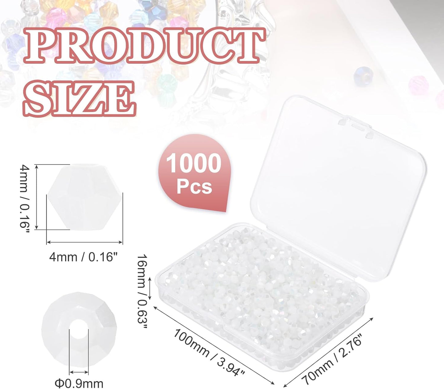 PATIKIL 1000pcs 4mm Bicone Glass Crystal Beads, Faceted Glass Spacer Beads with Box for Jewelry Making Bracelet Necklace Earrings DIY Suncatcher Craft, Pure White AB