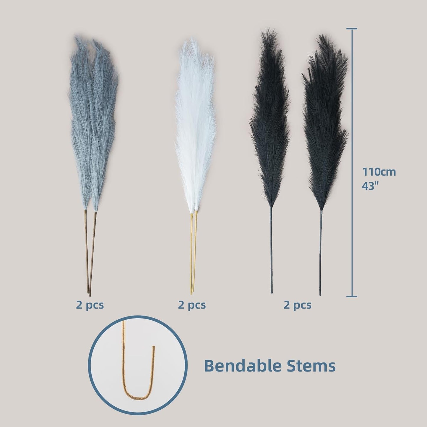 EVODIS Pampas Grass Decor Tall, 43"/110cm Faux Pampas Grass 6 Stems Large Pompass Grass Branches Tall Bulk Boho Flower Arrangement for Home Room Wedding Party Decor