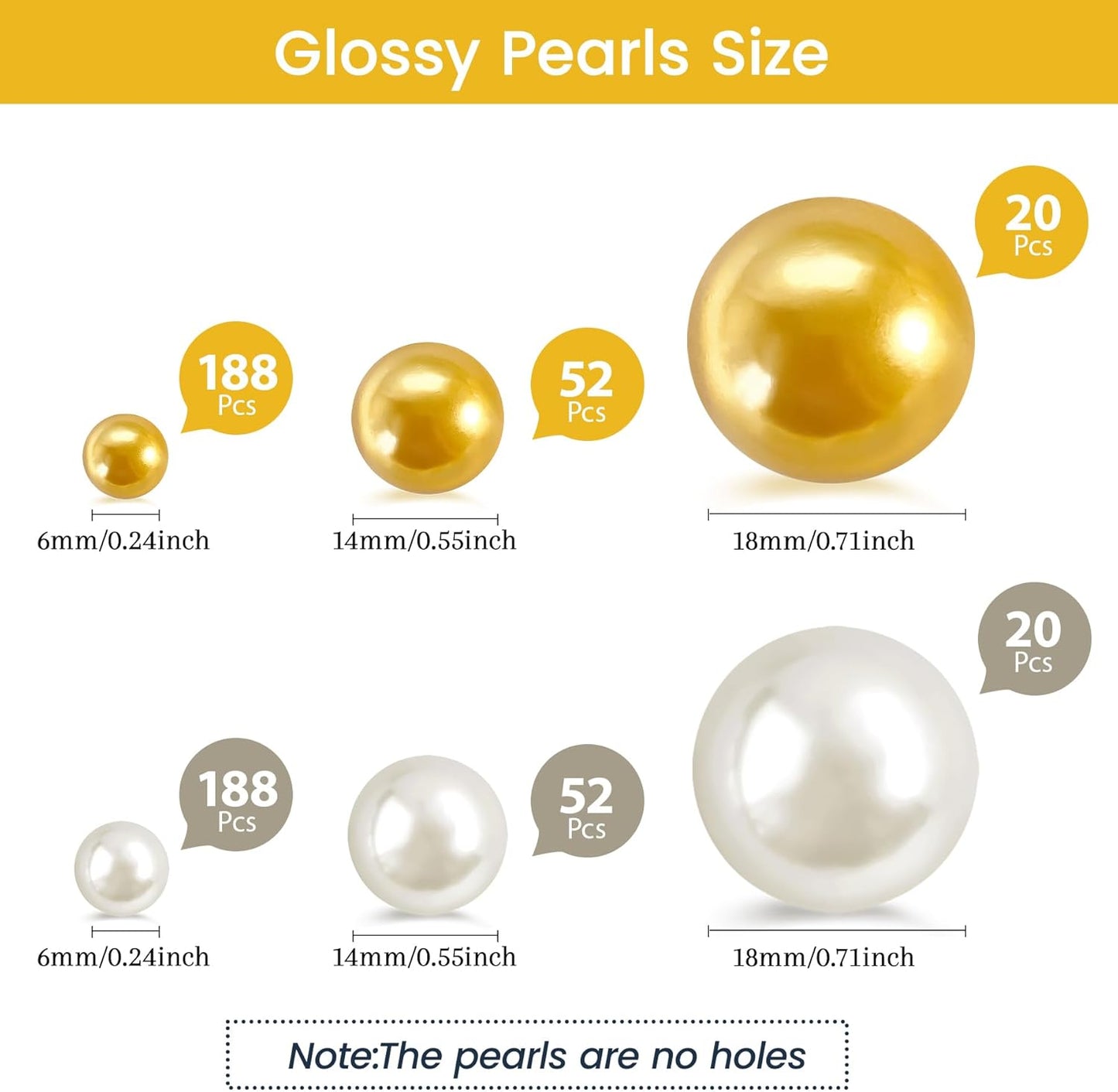 520Pcs Gold&Cream Beads for Centerpieces Decor, Artifical Pearls Vase Filler, Large Beads for Makeup Brush, No Hole Round Pearl Beads for Wedding Birthday Christmas Party Home Decor(18mm 14mm 6mm)