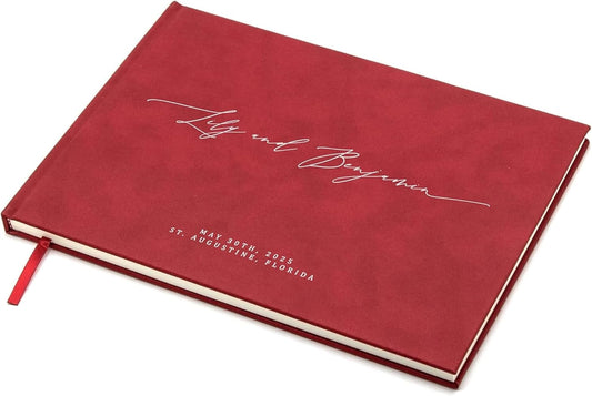 MUUJEE Personalized Guestbook in Red - Premium Custom Modern Guest Book for Wedding Reception, Birthday Party or Events w/Bookmark Blank Pages for Signing 11.5 x 8.5 inches