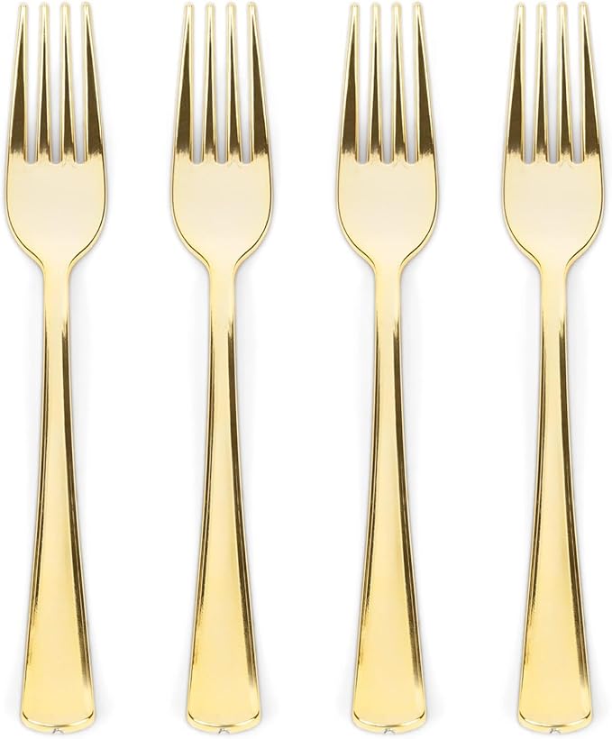 Prestee 100 Count Plastic Forks - 7" Heavy Duty Gold Plastic Silverware Utensils - Elegant, Disposable Gold Forks for Weddings, Parties, and Holidays - Fancy Flatware Set for Events and Catering