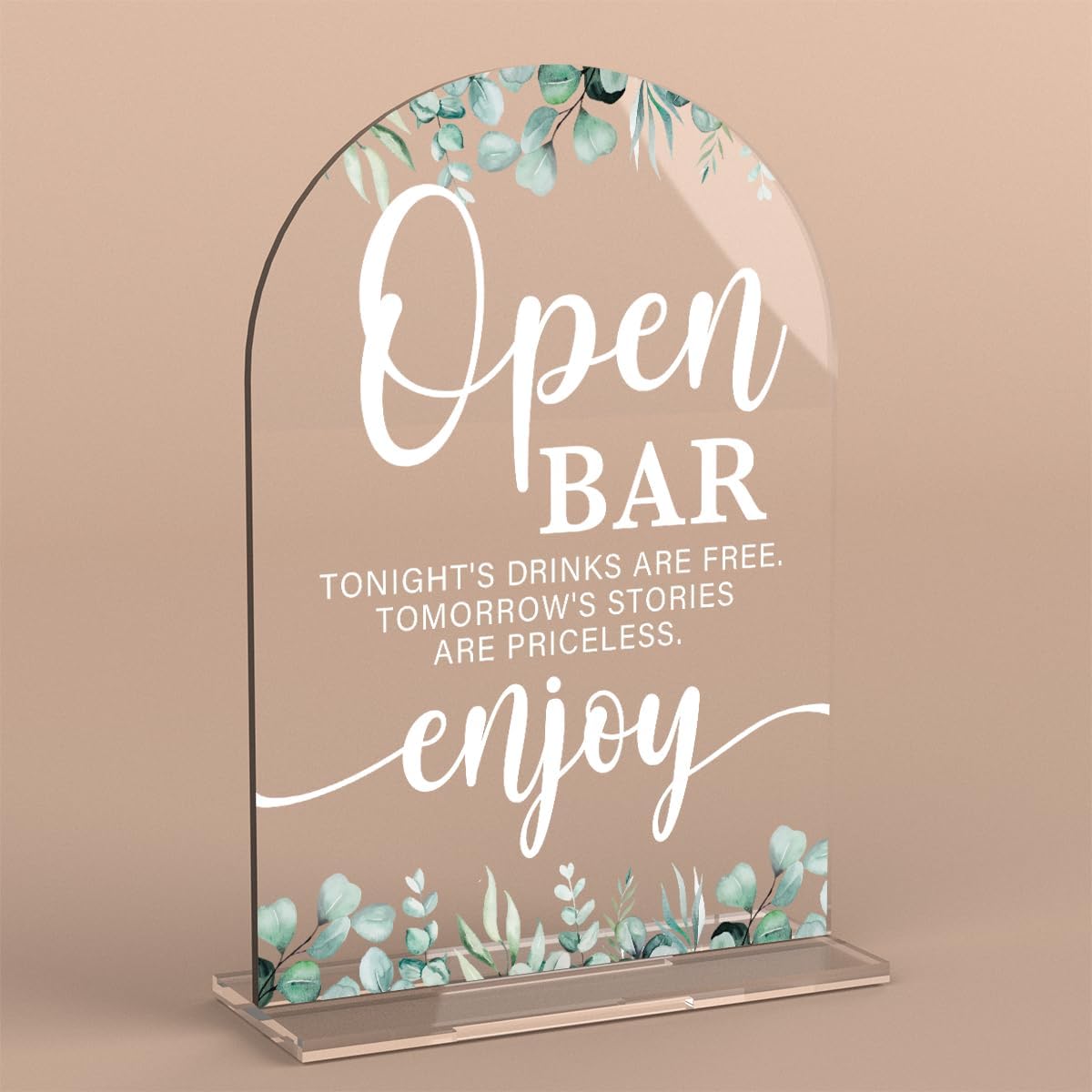 Acrylic Wedding Sign Open Bar Signs for Ceremony Modern Calligraphy Arch Acrylic Table Top Signs for Wedding Reception and Event Party Table Decor (Eucalyptus Leaves)