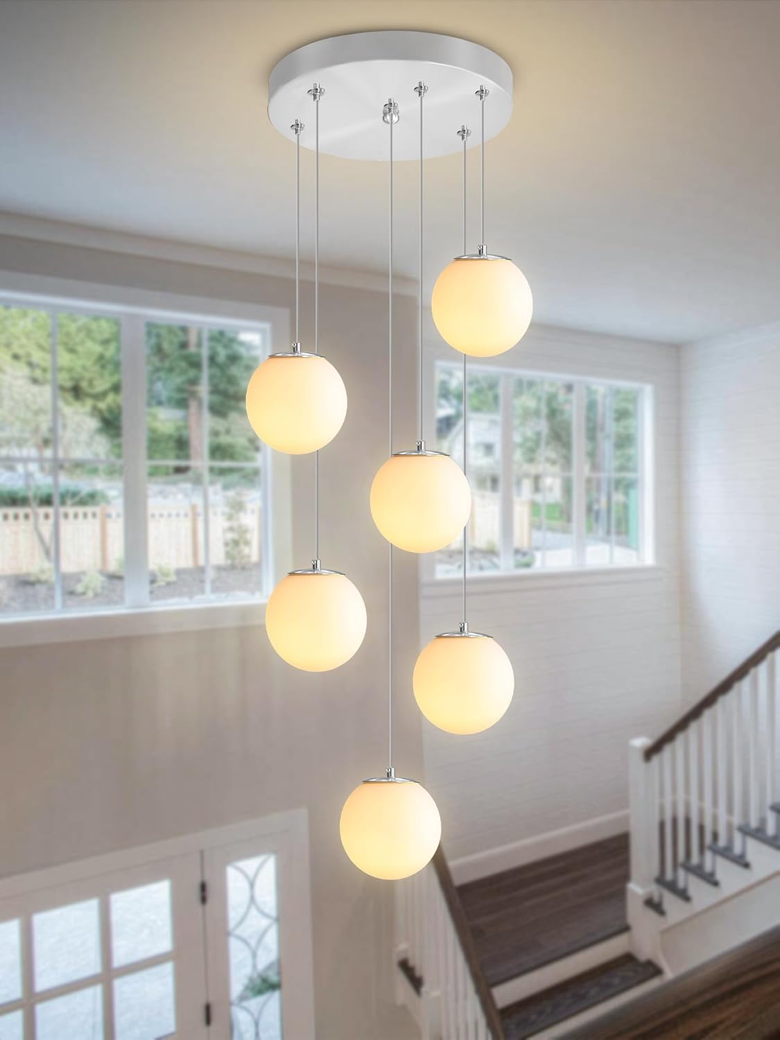 H 87in Globe Pendant Light 6-Lights Modern Hanging Chandelier for Kitchen Island Silver Globe Chandelier Milk White Glass Pendant Lighting for Living Room Bedroom Entryway