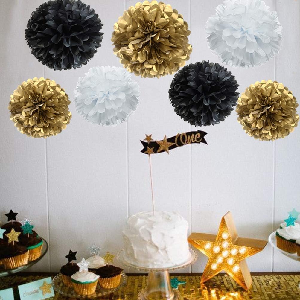 Paper Flower Tissue Pom Poms for Baby Shower New Year Party Hanging Decoration (Gold,Black,White,12pc)