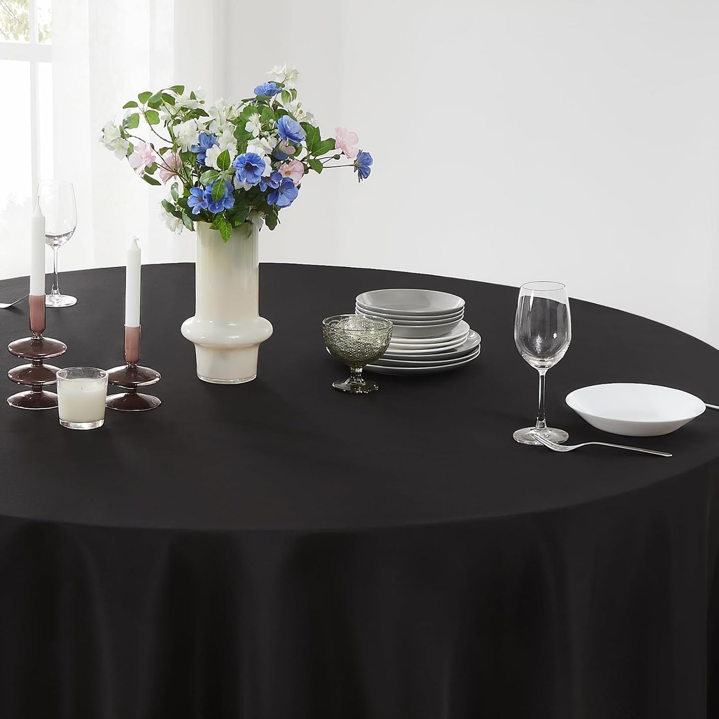 Round Tablecloth 2 Pack 90 Inch Black Tablecloths Washable Decorative Linen Polyester Table Clothes Cover for Dining Table Banquets Buffet Parties and Wedding