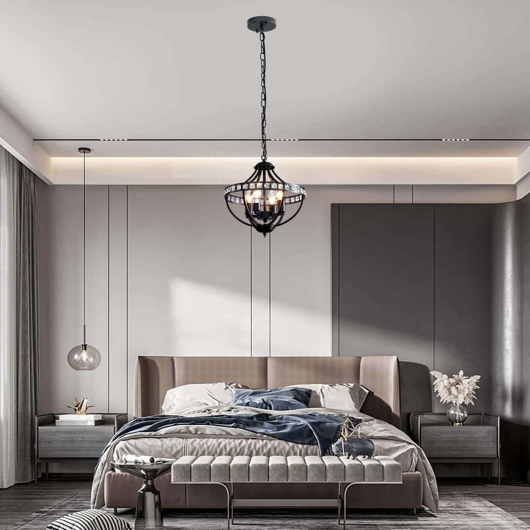 Crystal Chandelier Light Fixtures, 4-Lights Farmhouse Rustic Vintage Black Pendant Hanging Lighting Ceiling Chandeliers for Kitchen Island Dining Room Living Room Bedroom Foyer Hallway