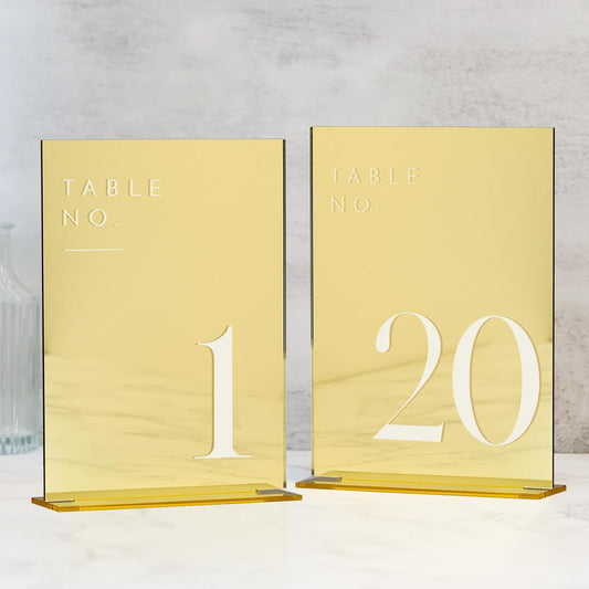 JINMURY Gold Wedding Table Numbers 1-20 with Stands, 5"x7" Gold Mirror Acrylic Table Numbers, Perfect for Wedding Reception, Party, Anniversary, Event