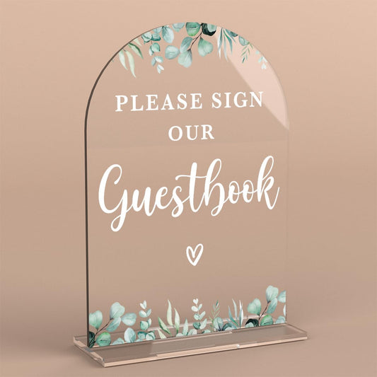 Acrylic Wedding Sign Please Sign Our Guestbook Signs for Ceremony Modern Calligraphy Arch Acrylic Table Top Signs for Wedding Reception and Event Party Table Decor (Eucalyptus Leaves)