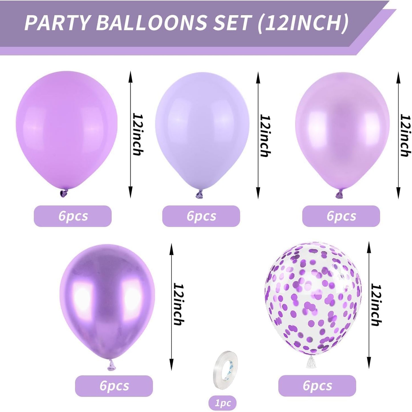 Biapian Purple Party Balloons Set, 12inch Lavender Balloon Pastel Purple-Lilac Ballons Metallic Confetti Purple Balloons For Girls Birthday Baby Shower Bridal Wedding Party Decorations