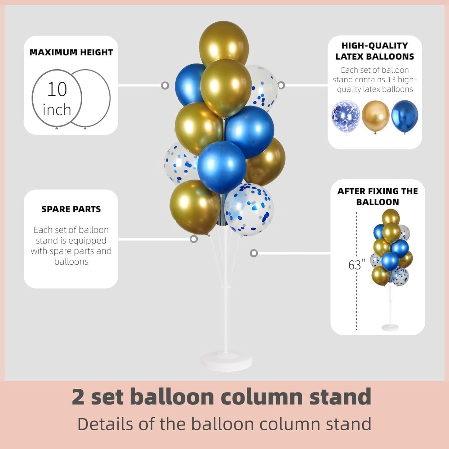 Balloon Column Kit Set of 2 With Balloons Included - Balloon Tower with Stand, Base, and Pole,Backdrop Decoration for Wedding, Baby Shower, Birthday Party, or Bachelorette Parties (Metallic Blue Gold)