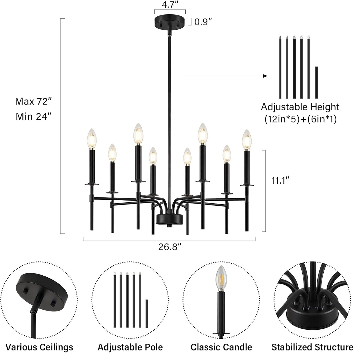 8 Light Black Chandelier Light Fixture, Modern Farmhouse Chandeliers for Dining Room Light Fixture, Metal Candle Pendant Chandelier for Foyer Entryway Stairs Living Room Bedroom Kitchen