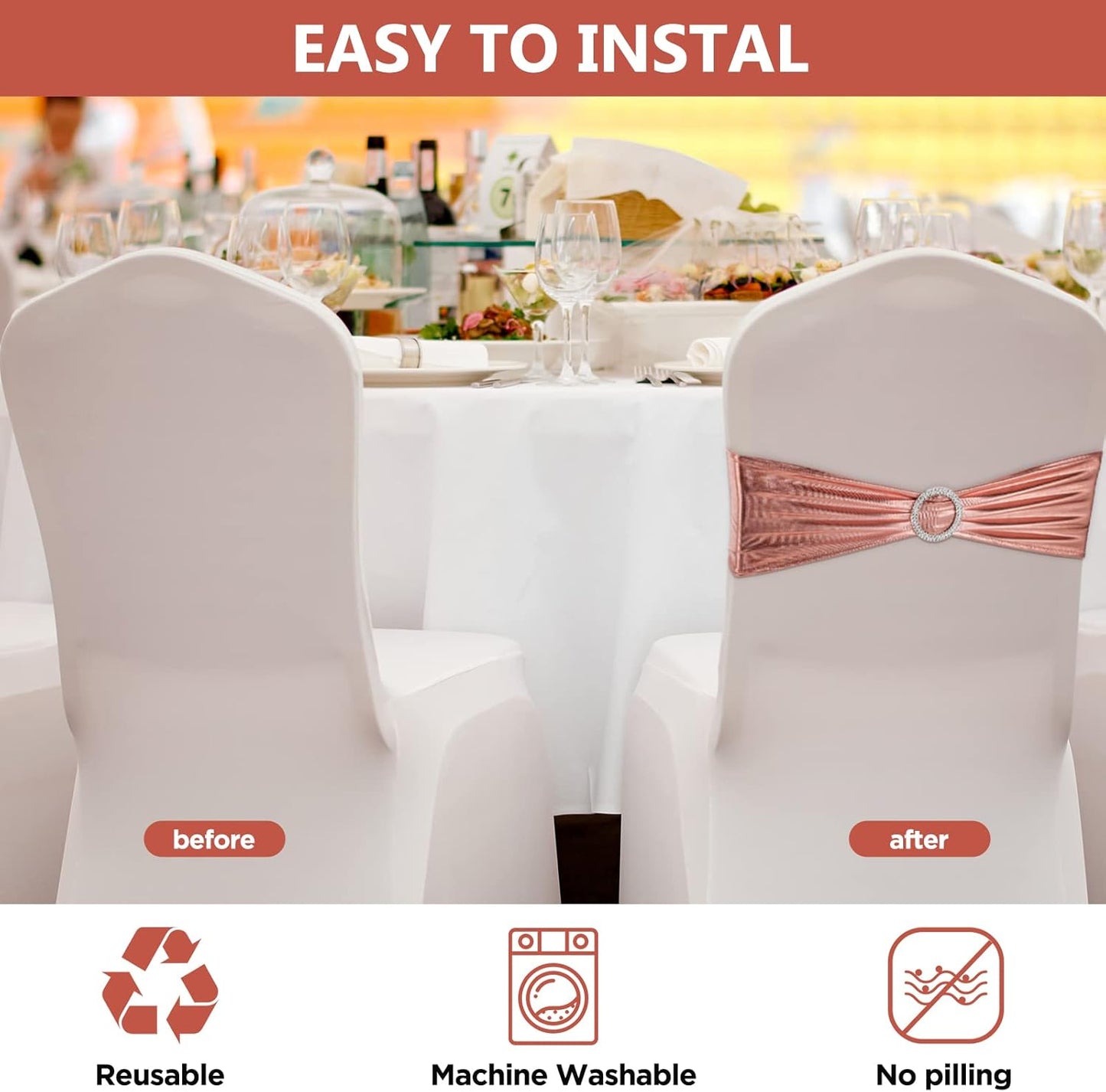 CHENGU 150 Pieces Spandex Stretch Chair Sashes Bows Elastic Chair Cover Bands Ties with Buckle Slider for Wedding Party Reception Events Universal Ceremony Banquet Decorations (Rose Gold)