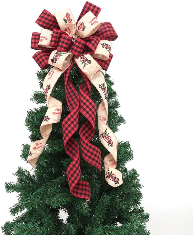 Christams Tree Topper Bow, 35 * 14inch Plaid Buffalo Bows Burlap Decorative Bows for Christmas Holiday Thanksgiving Indoor Outdoor Ornament Gift Bow