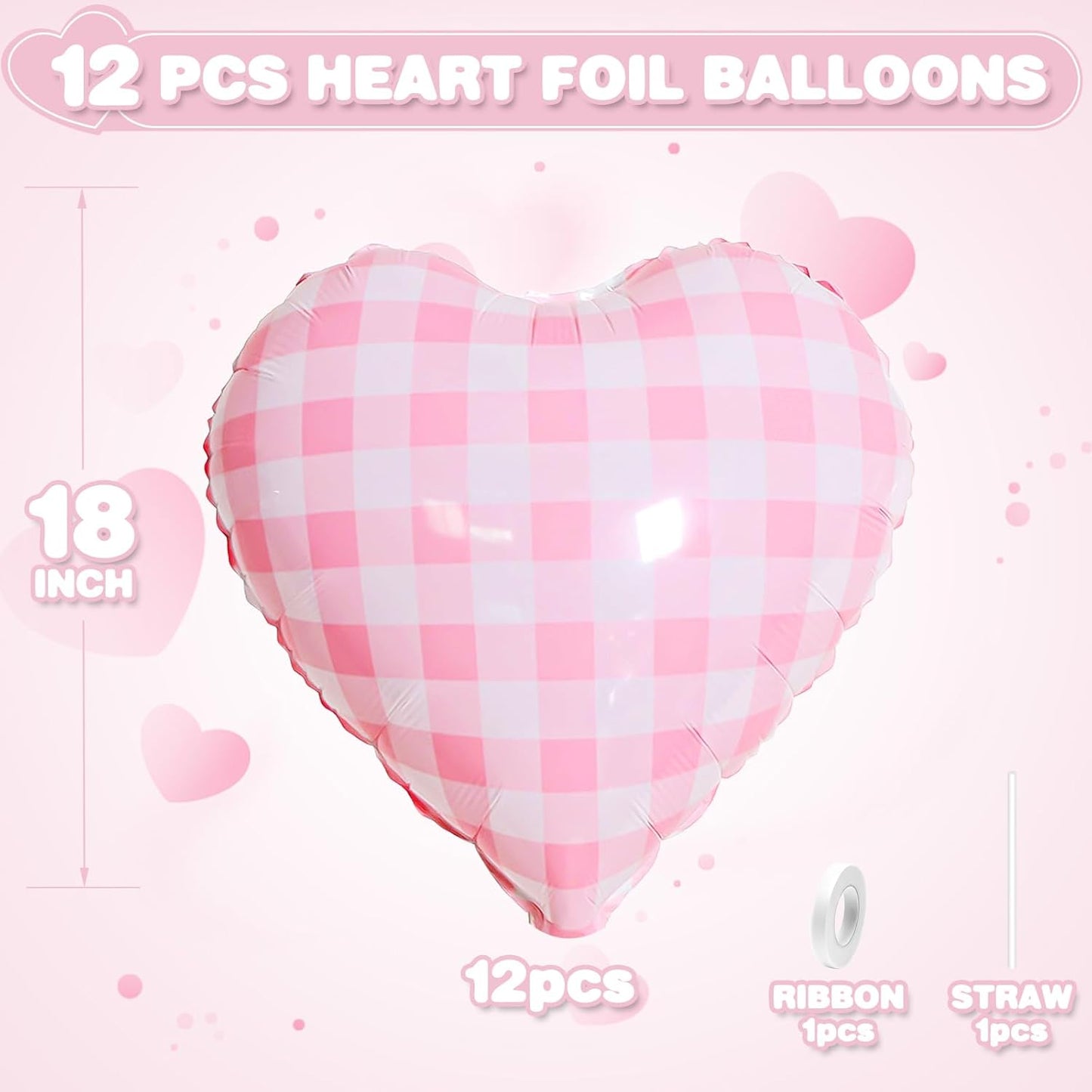 Pink White Checkered Heart Balloons,12Pcs 18Inch Light Pink Grid Heart Shaped Foil Helium Polyester Film Balloons for One Silly Goose Birthday Baby Shower Party Decorations