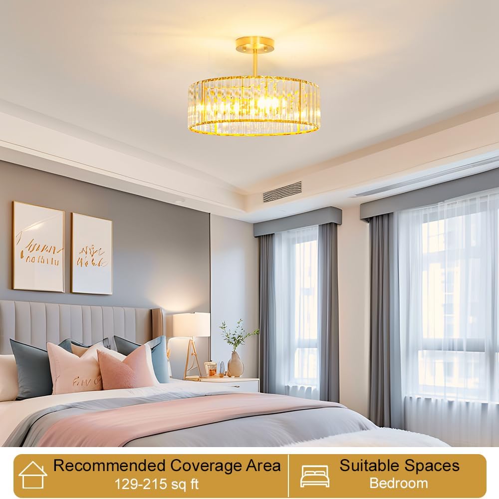 Modern Crystal Ceiling Light Fixture, Semi Flush Mount Ceiling Light, Brushed Brass Hallway Lighting Fixtures Chandelier, Crystal Chandelier for Kitchen Bedroom Dining Room Closet, 5-Light, 16 Inch