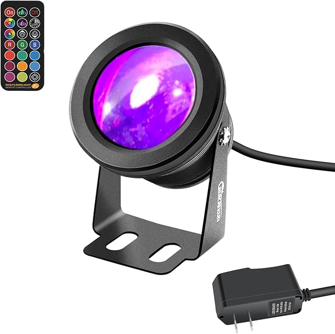Outdoor Lights,10w Spot Lights Outdoor with US Plug and Remote Control,Dimmable Halloween Decor Christmas Lights Outdoor,Waterproof Spotlight with Timer（Light Color is Mixed, NOT Pure RGB）