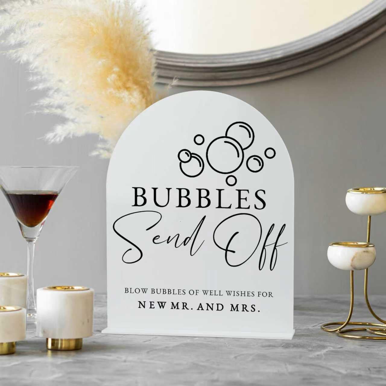 White Arch Acrylic Wedding Sign- 8"x10" Bubbles Send Off Sign and Base,1/8" Thick | Modern Calligraphy Arched Acrylic Signs for Wedding & Party