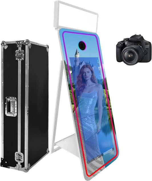 65''Magic Mirror Photo Booth Machine,Mirror Photo Booth 43''Touch Screen,Photo Booth with Flight Case,App Control,RGB Light for Wedding Party Events (White, Machine+Camera)