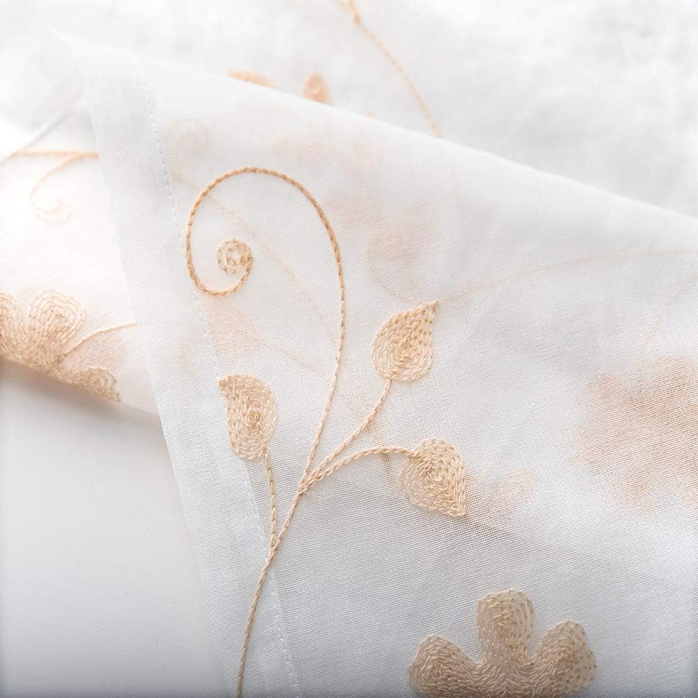 Floral Embroidery Gold Sheer Curtains 84 Inches Long, Rod Pocket Sheer Drapes for Living room, Bedroom, 2 Panels, 52"x84", Semi Crinkle Voile Window Treatments for Yard, Patio, Villa, Parlor.