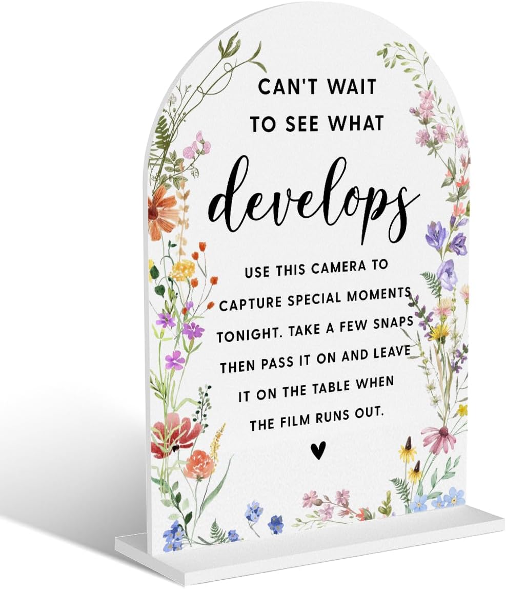 Acrylic Wedding Signs, Bridal Shower Decorations, Modern Arched Round Top Acrylic Table Top Sign with Holder for Wedding Reception Party Dinner - Can't Wait to See What Develops (White Wildflowers)