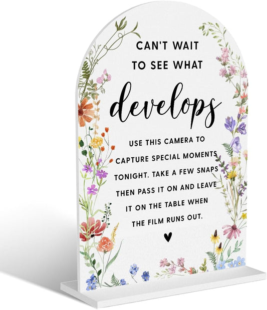 Acrylic Wedding Signs, Bridal Shower Decorations, Modern Arched Round Top Acrylic Table Top Sign with Holder for Wedding Reception Party Dinner - Can't Wait to See What Develops (White Wildflowers)