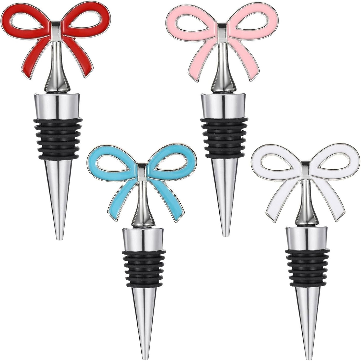 Cute Bow Wine Stopper Set of 4, Decorative Removable Metal Wine Bottle Stopper, Reusable Vacuum Bottle Corks with Silicone for Women, Gift, Christmas, Holiday Party - Silver