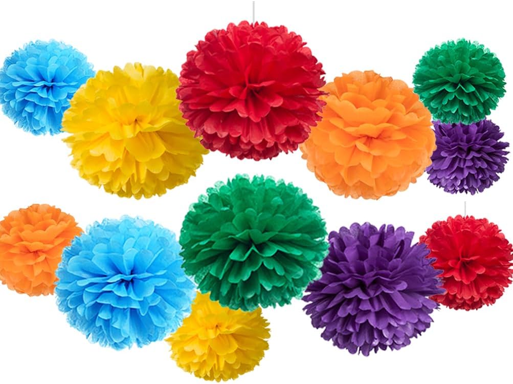 Rainbow Paper Flower Tissue Pom Poms for Birthday Graduation Wedding Pride Theme Party, Red Orange Yellow Green Blue and Pruple, 12pc