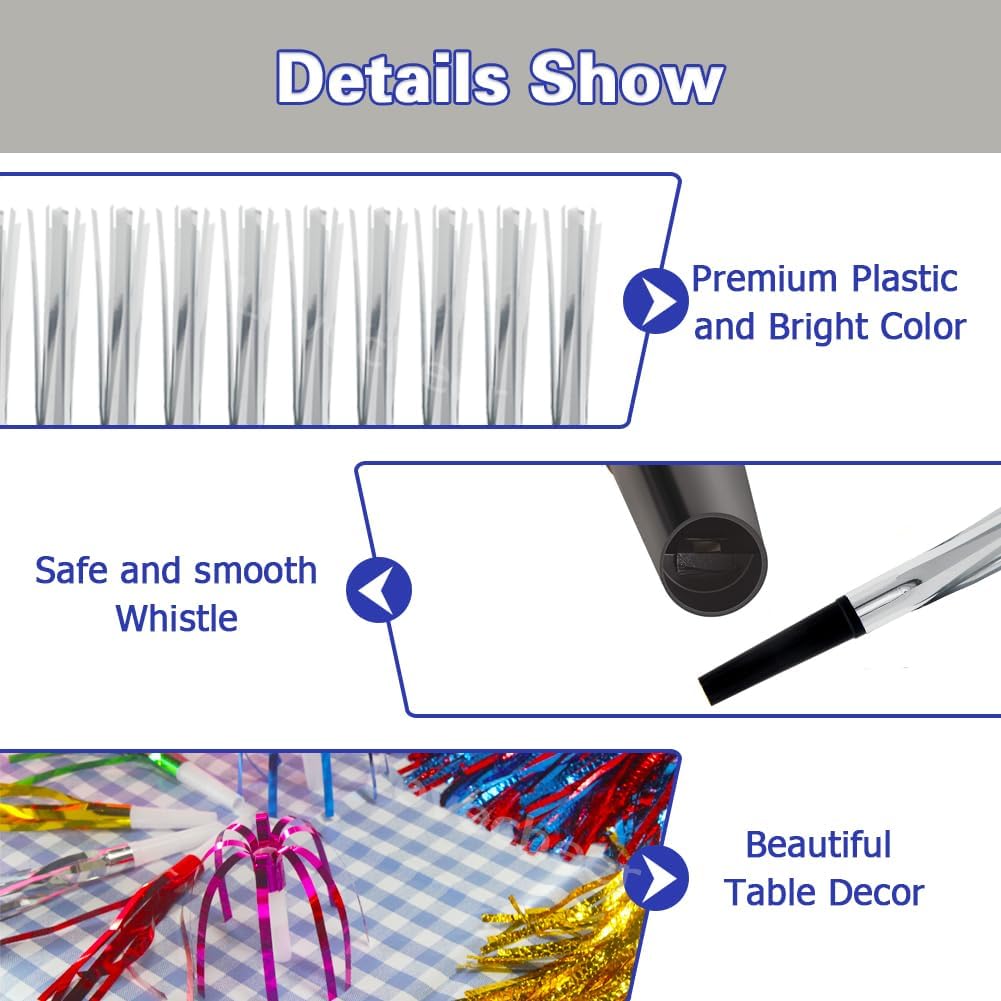 Lovecheer 24/60PCS Glitter Noise Makers Metallic Fringed Party Blowers for Adults Birthday Wedding Graduation 2025 New Years Musical Blowouts