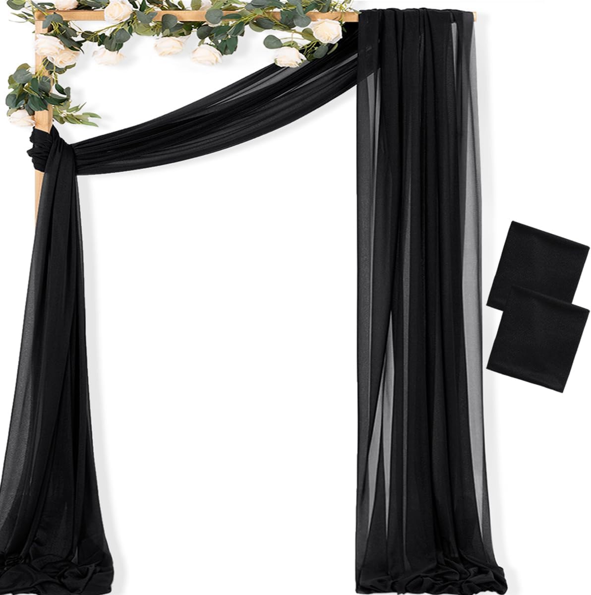 MLMC Black Wedding Arch Draping Fabric 2 Panels 29" x 20 FT Extra Long Gauze Drapes Sheer Backdrop Curtains 6.6 Yards Outdoor Drapery Panels for Wedding Ceremony Party Ceiling Decoration