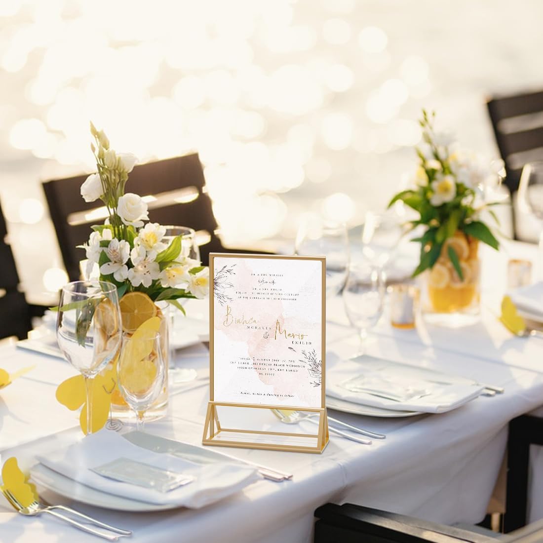 12 Pack Acrylic Sign Holder 5x7 Gold Frame Double Sided Display Stand, Clear Sign Holder Table Plastic Paper Holder, Acrylic Frames for Home Office Shop Photo Frames