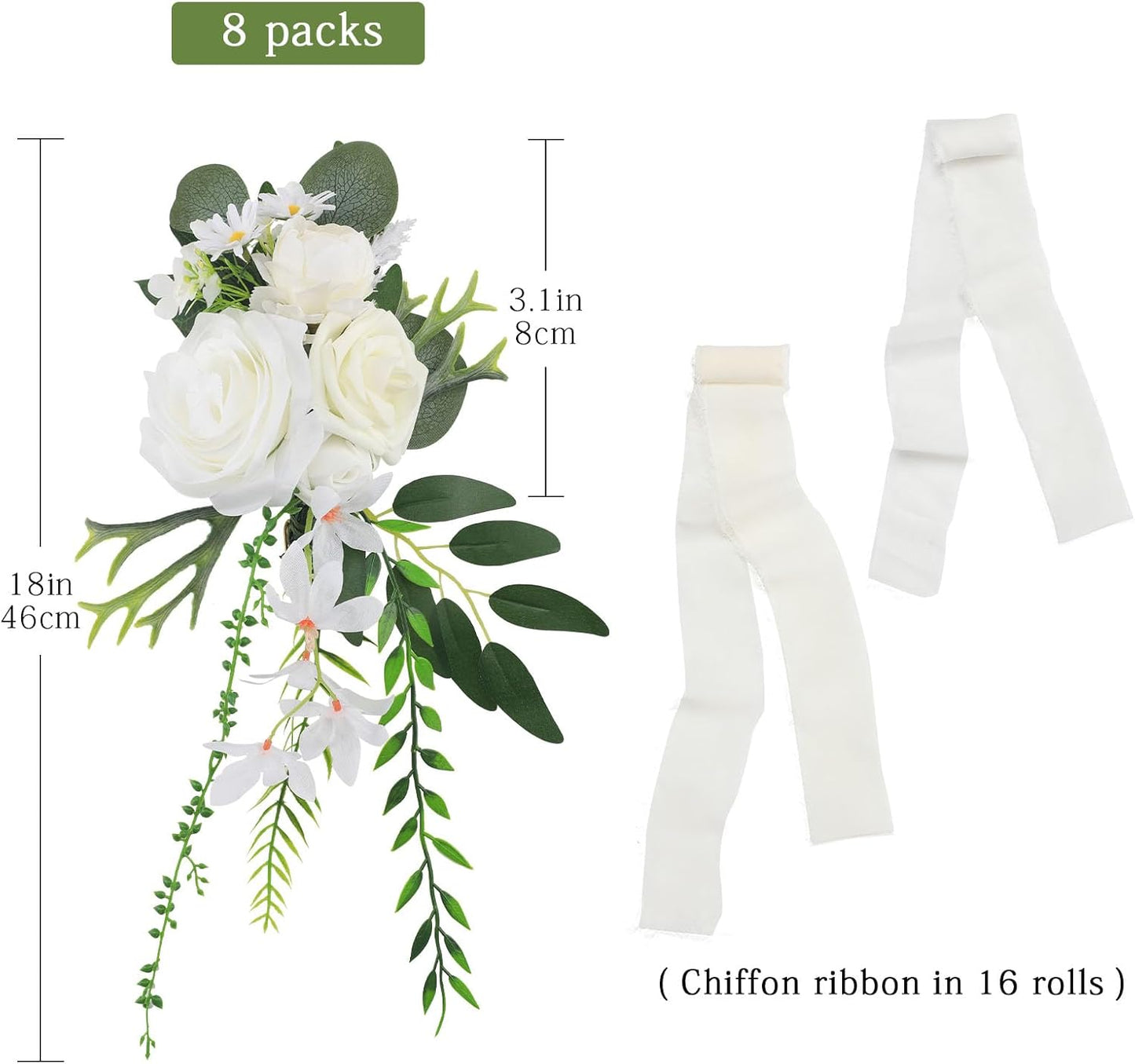 Wedding Aisle Decorations Set of 8 Chair Back Flowers Floral Pew Wedding Decorations for Ceremony with Chiffon Ribbons Fall Decor