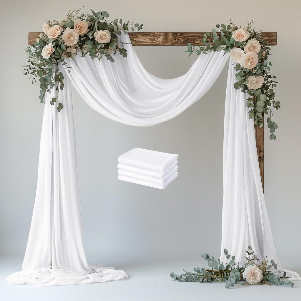 Wedding Arch Draping Fabric 4 Panels 28.7" x 20FT White Sheer Chiffon Backdrop Drapes for Wedding Ceremony Birthday Party Bridal Shower Outdoor Decoration