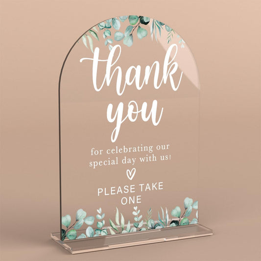 Acrylic Wedding Sign Thank You Signs for Ceremony Modern Calligraphy Arch Acrylic Table Top Signs for Wedding Reception and Event Party Table Decor (Eucalyptus Leaves)