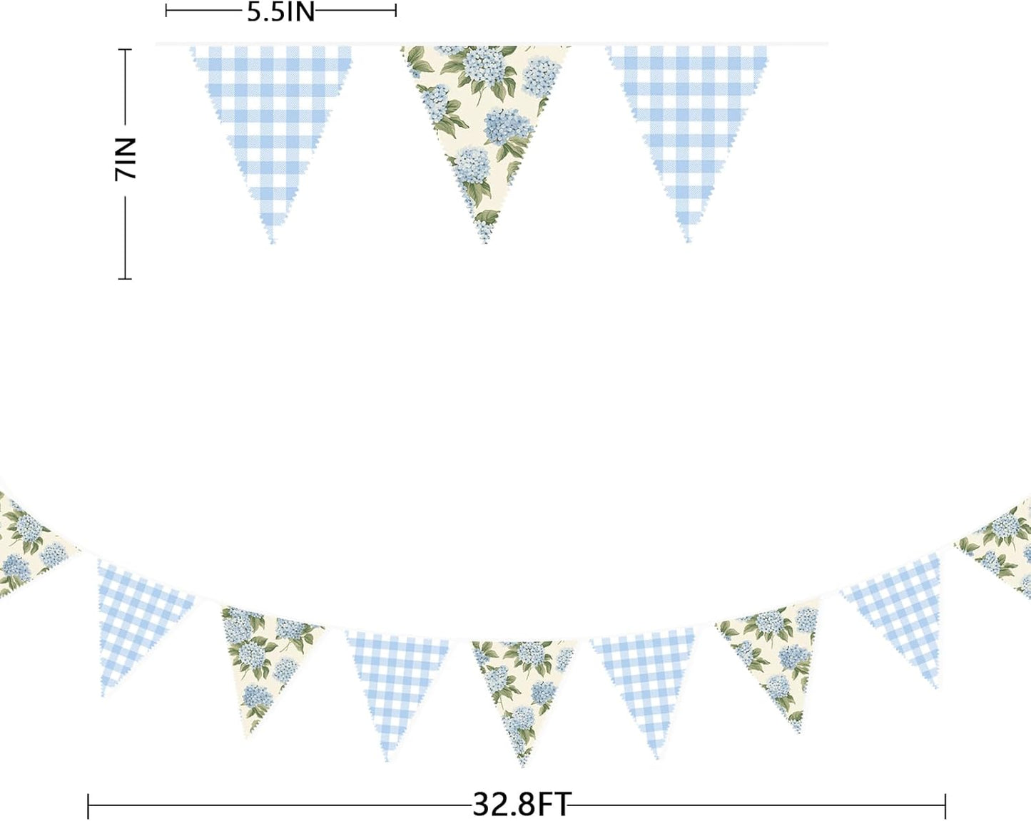 32Ft Blue Flora Party Decorations Blue Gingham HydrangeaTriangle Flag Fabric Banner Pennant Garland Streamer for Flora Birthday Vintage Flower Baby Shower Wedding Tea Party Garden Decor Supplies