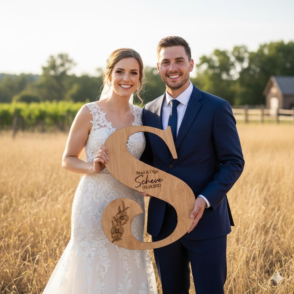 Wedding Guest Book Sign with Pen, Personalized Wooden Letter Monogram, Custom Last Name and Date, Laser Engraved Guestbook Alternative for Couple, Large Sizes Options
